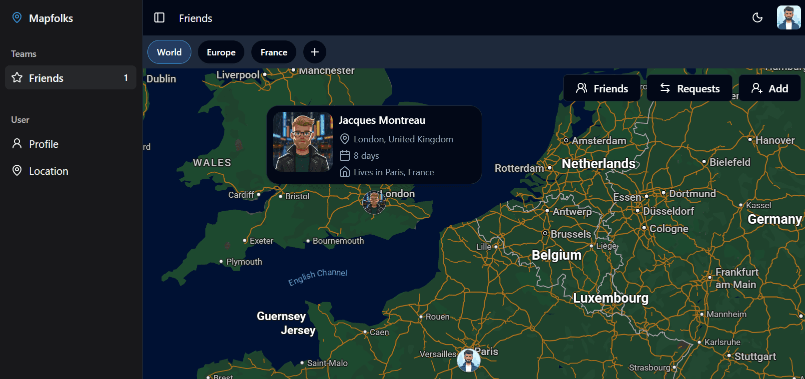Mapfolks app interface showing friends on a world map