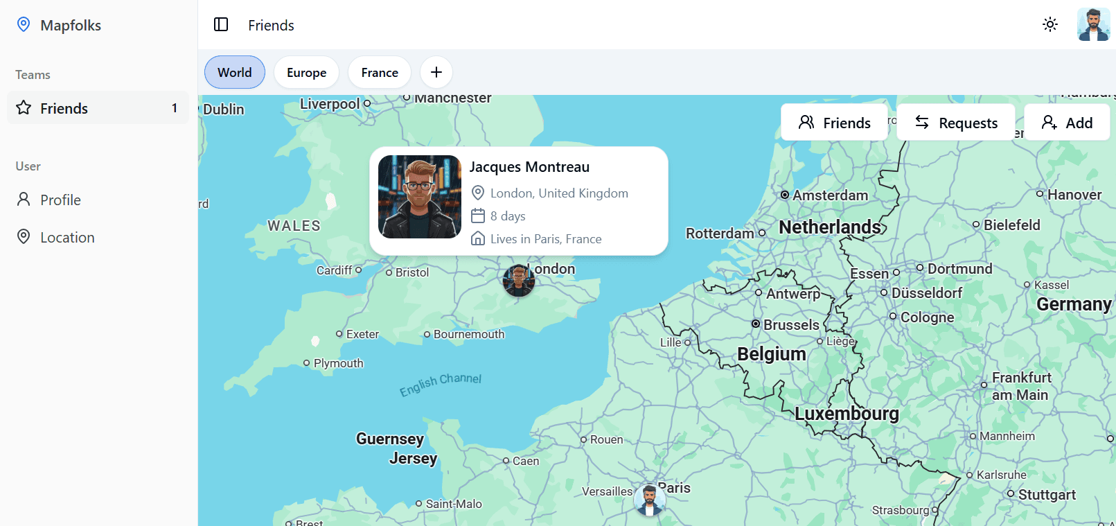 Mapfolks app interface showing friends on a world map
